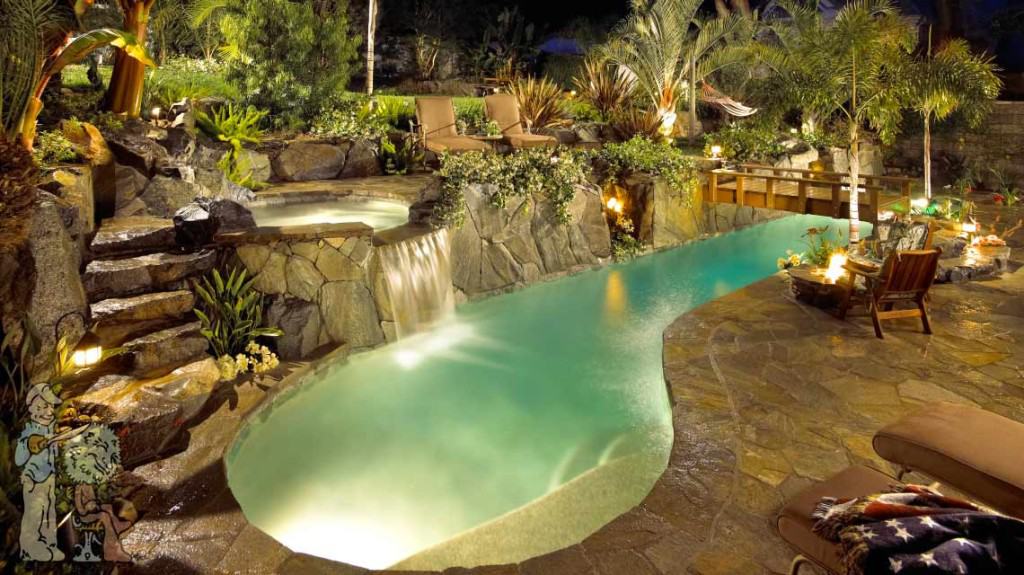 Indoor, smooth curved, screened pool edged with palm trees.