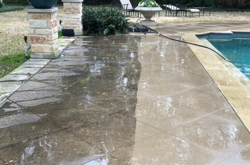 A before and after picture of a pressure washed pool walkway.